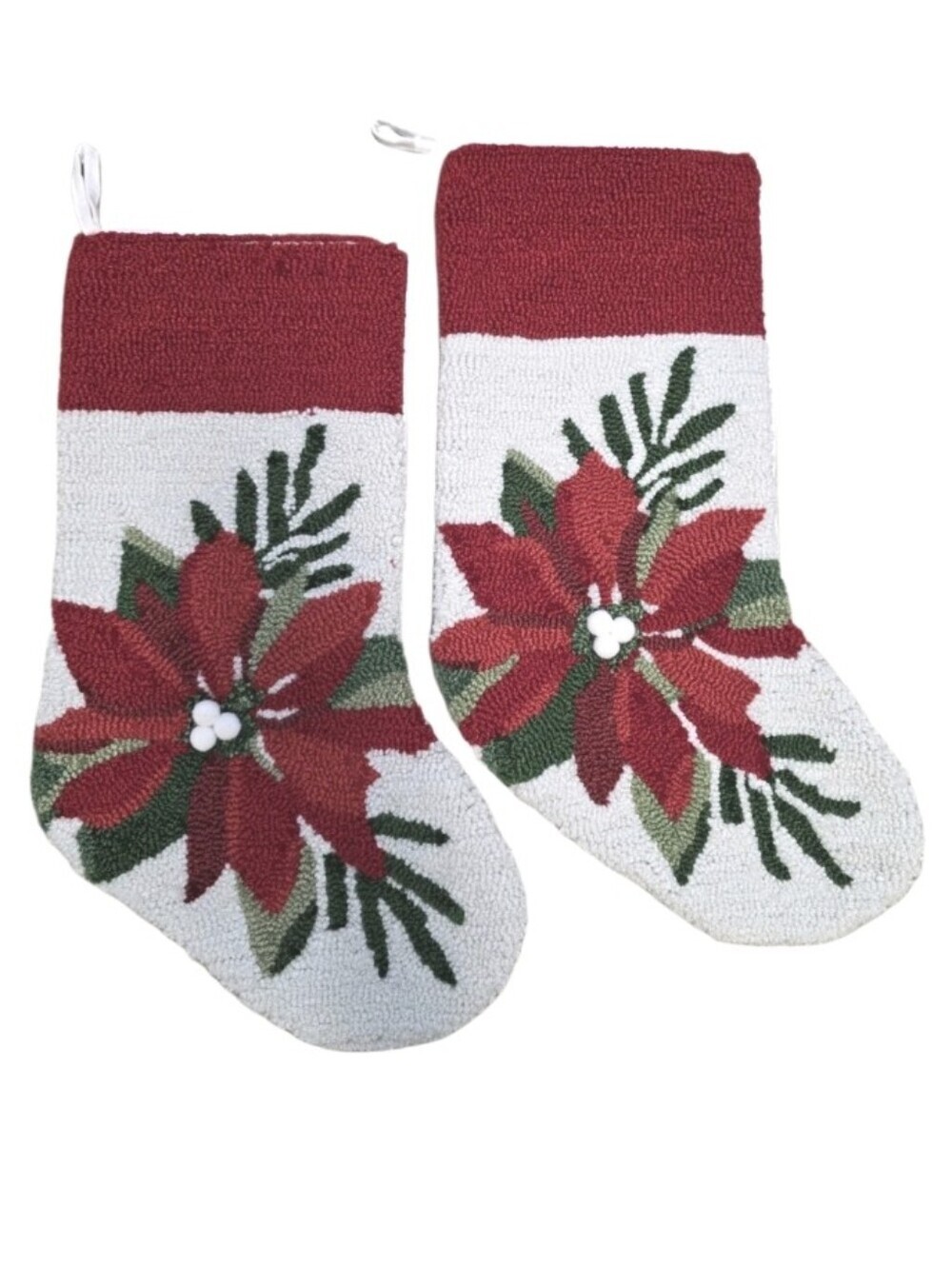 Christmas Hooked Poinsettia Stocking Set Of 2 Heavy Holiday Red White Flower